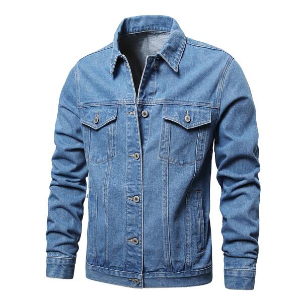 

Men Button Front Solid Denim Jacket, Medium wash