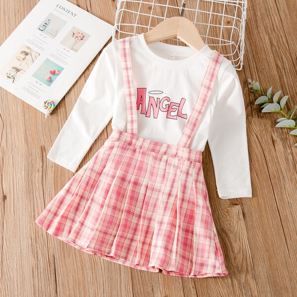 

Toddler Girls Letter Graphic Tee With Tartan Pleated Pinafore Skirt, Multicolor