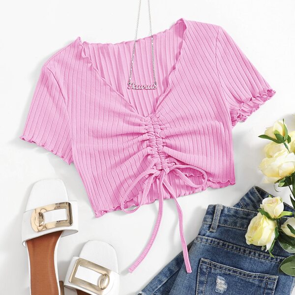 

Lettuce Trim Drawstring Ruched Front Crop Tee, Pink