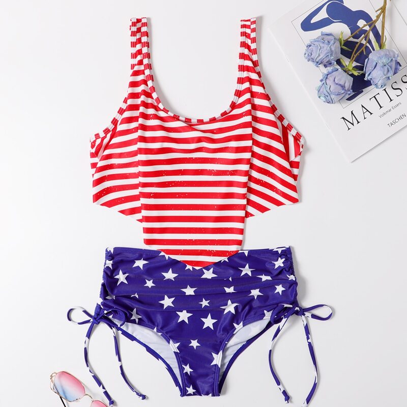 

American Flag Print Hanky Hem Ruched Bikini Swimsuit, Multicolor