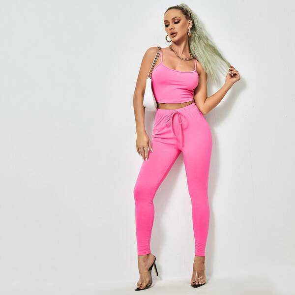 

Solid Cami Top & Knot Waist Leggings Set, Pink