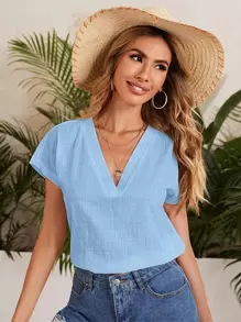 SHEIN LUNE Top unicolor de manga murciélago - Celeste - Ver 1