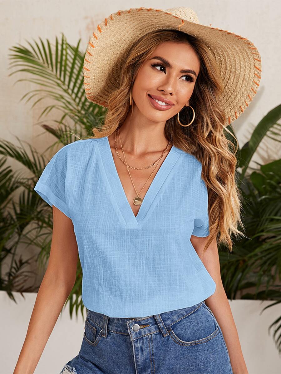 SHEIN LUNE Top unicolor de manga murciélago - Celeste - Ver 1