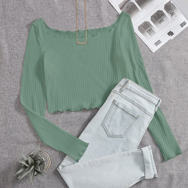 

Lettuce Trim Rib-knit Crop Tee, Mint green