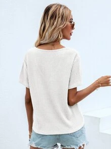 SHEIN LUNE Waffle Knit V Neck Solid Tee - White - View 2