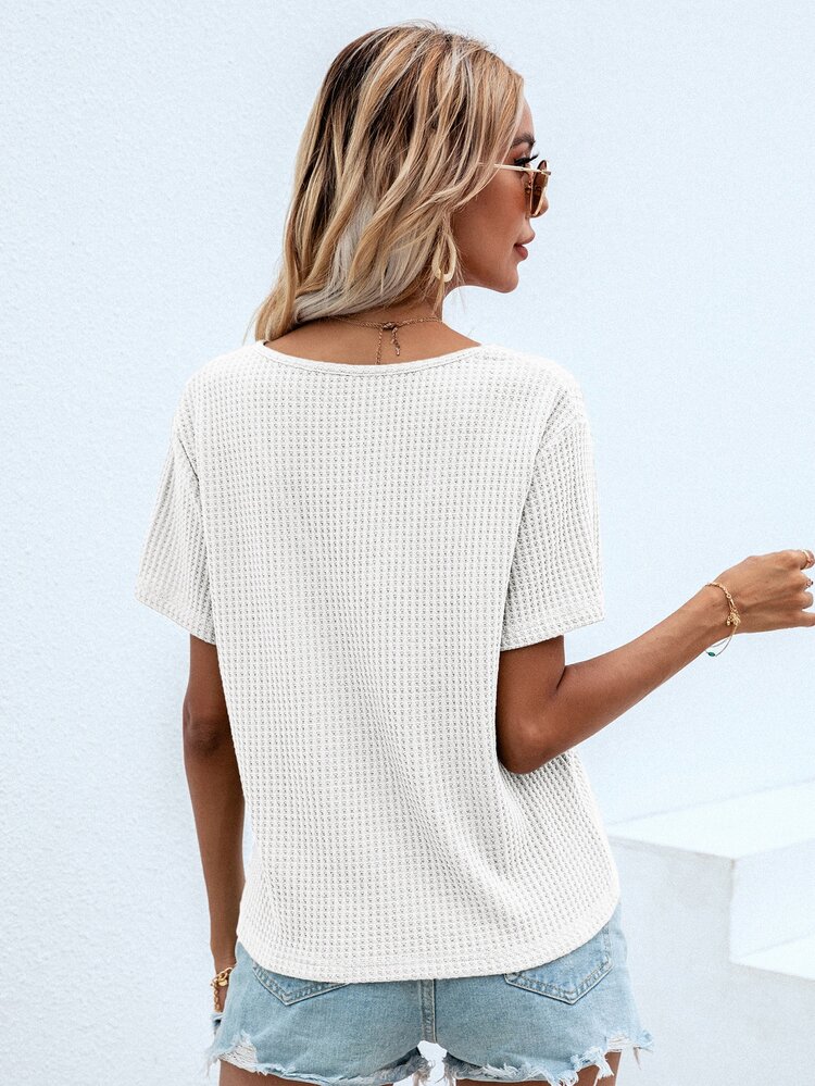 SHEIN LUNE Waffle Knit V Neck Solid Tee - White - View 2