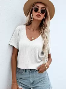 SHEIN LUNE Waffle Knit V Neck Solid Tee - White - View 3
