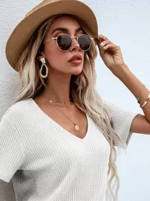 SHEIN LUNE Waffle Knit V Neck Solid Tee - White - View 4