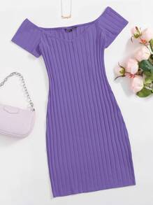 SHEIN EZwear 露肩羅紋針織包臀連衣裙 - 紫羅蘭色 - 查看 1