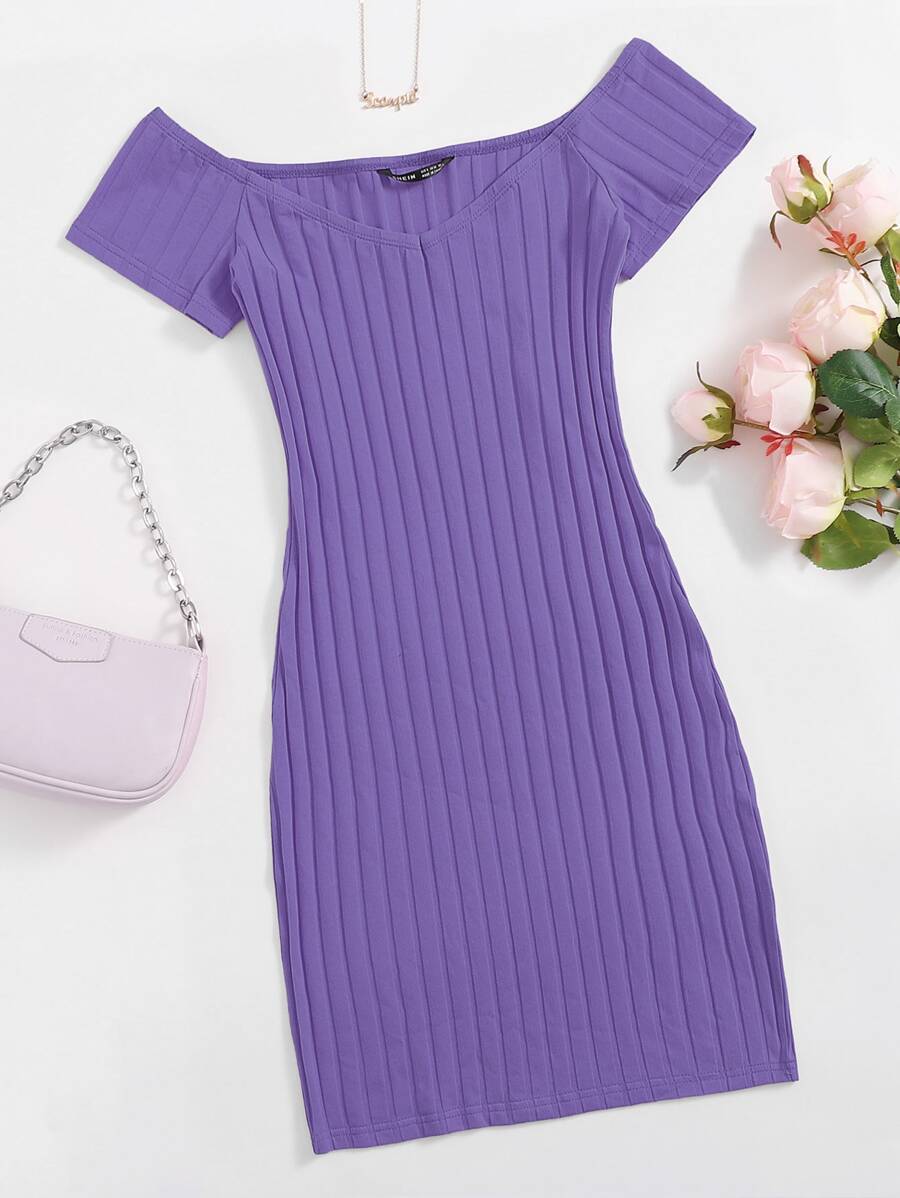 SHEIN EZwear 露肩羅紋針織包臀連衣裙 - 紫羅蘭色 - 查看 1