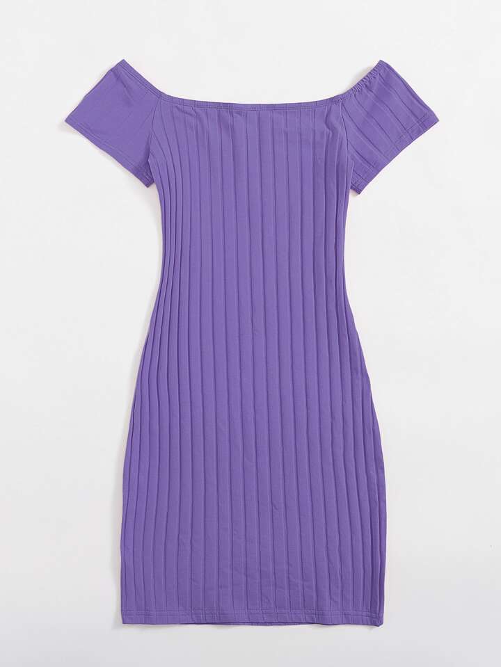 open lace back dress Off Shoulder Ribbed Knit Pleated Mini Dress – The Pink Box main image 0