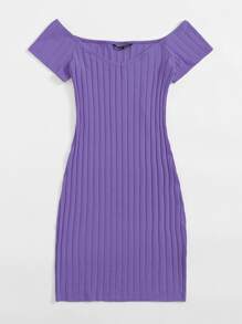SHEIN EZwear 露肩羅紋針織包臀連衣裙 - 紫羅蘭色 - 查看 3