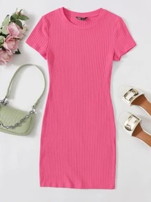SHEIN EZwear Solid Rib-knit Bodycon Dress - Hot Pink - View 1