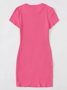 SHEIN EZwear Solid Rib-knit Bodycon Dress - Hot Pink - View 2