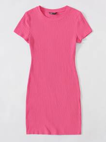 SHEIN EZwear Solid Rib-knit Bodycon Dress - Hot Pink - View 5