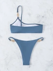 Bikini de un hombro con detalle de decoración metálica - Neblina azul - Ver 2