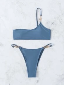 Bikini de un hombro con detalle de decoración metálica - Neblina azul - Ver 6
