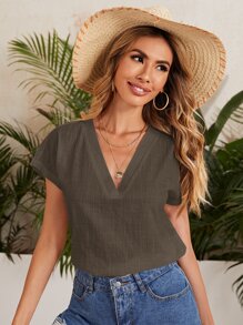SHEIN LUNE Top unicolor de manga murciélago - Gris Oscuro - Ver 1