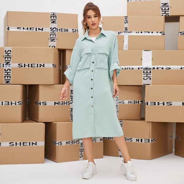 

Roll Tab Sleeve Flap Pocket Coat, Mint green