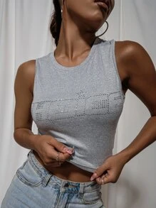 Top corto tank con diamante de imitación con letra y estrella - Negro - Ver 1