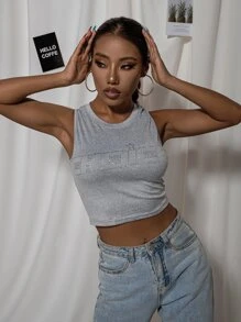 Top corto tank con diamante de imitación con letra y estrella - Negro - Ver 3