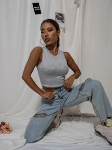 Top corto tank con diamante de imitación con letra y estrella - Negro - Ver 5