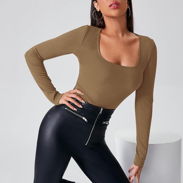 

Square Neck Rib-knit Tee, Camel