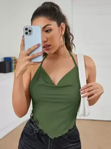 SHEIN Privé 垂褶領後繫帶手帕上衣 - 軍綠色 - 查看 1