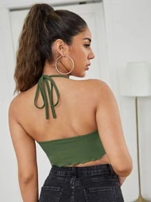 SHEIN Privé 垂褶領後繫帶手帕上衣 - 軍綠色 - 查看 2