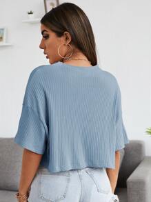 SHEIN EZwear 短袖羅紋上衣 - 霧霾藍 - 查看 2