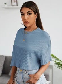SHEIN EZwear 短袖羅紋上衣 - 霧霾藍 - 查看 3
