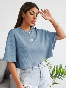 SHEIN EZwear 短袖羅紋上衣 - 霧霾藍 - 查看 4