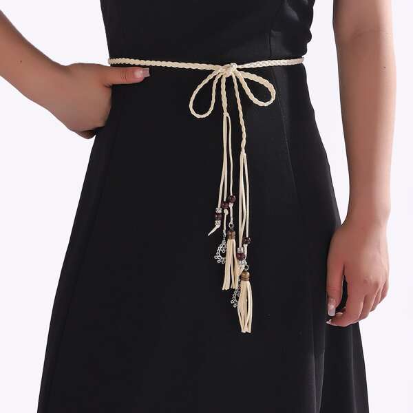 

Tassel Charm Rope Belt, Beige