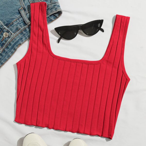 

Rib-knit Crop Tank Top, Red