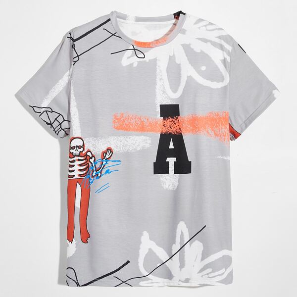 

Men Skull And Letter Graphic Tee, Light grey