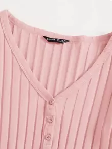 SHEIN EZwear v領紐扣羅紋上衣 - 淺粉色 - 查看 3