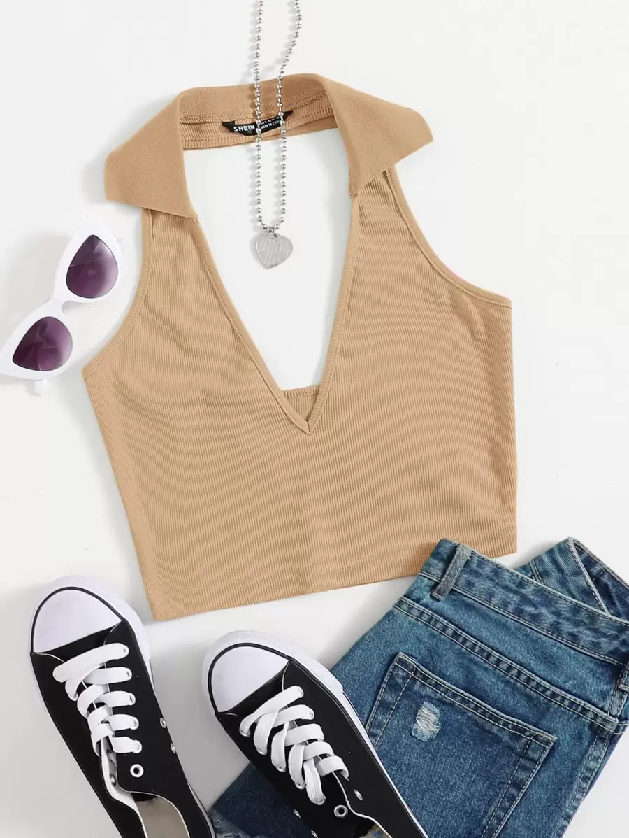 Muchica Open Back Crop Halter Top - Khaki - View 1