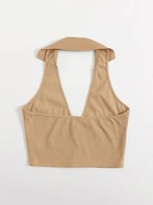 Muchica Open Back Crop Halter Top - Khaki - View 2