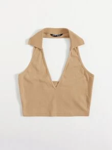 Muchica Open Back Crop Halter Top - Khaki - View 3