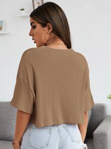 SHEIN EZwear 落肩素色羅紋針織短版T恤