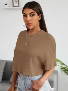 SHEIN EZwear 落肩素色羅紋針織短版T恤