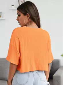 SHEIN EZwear 落肩素色羅紋針織短版T恤 - 橘色 - 查看 2