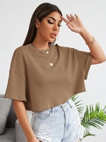 SHEIN EZwear 落肩素色羅紋針織短版T恤