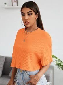 SHEIN EZwear 落肩素色羅紋針織短版T恤 - 橘色 - 查看 3