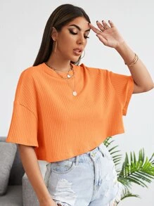 SHEIN EZwear 落肩素色羅紋針織短版T恤 - 橘色 - 查看 4
