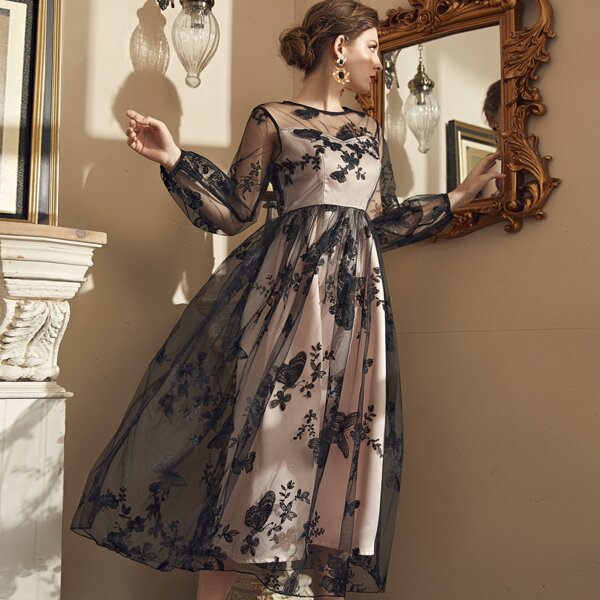 

Floral Print Mesh Overlay A-line Dress, Multicolor