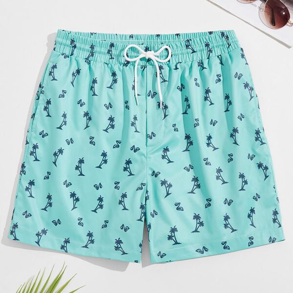 

Men Palm Tree Drawstring Swim Trunks, Mint blue