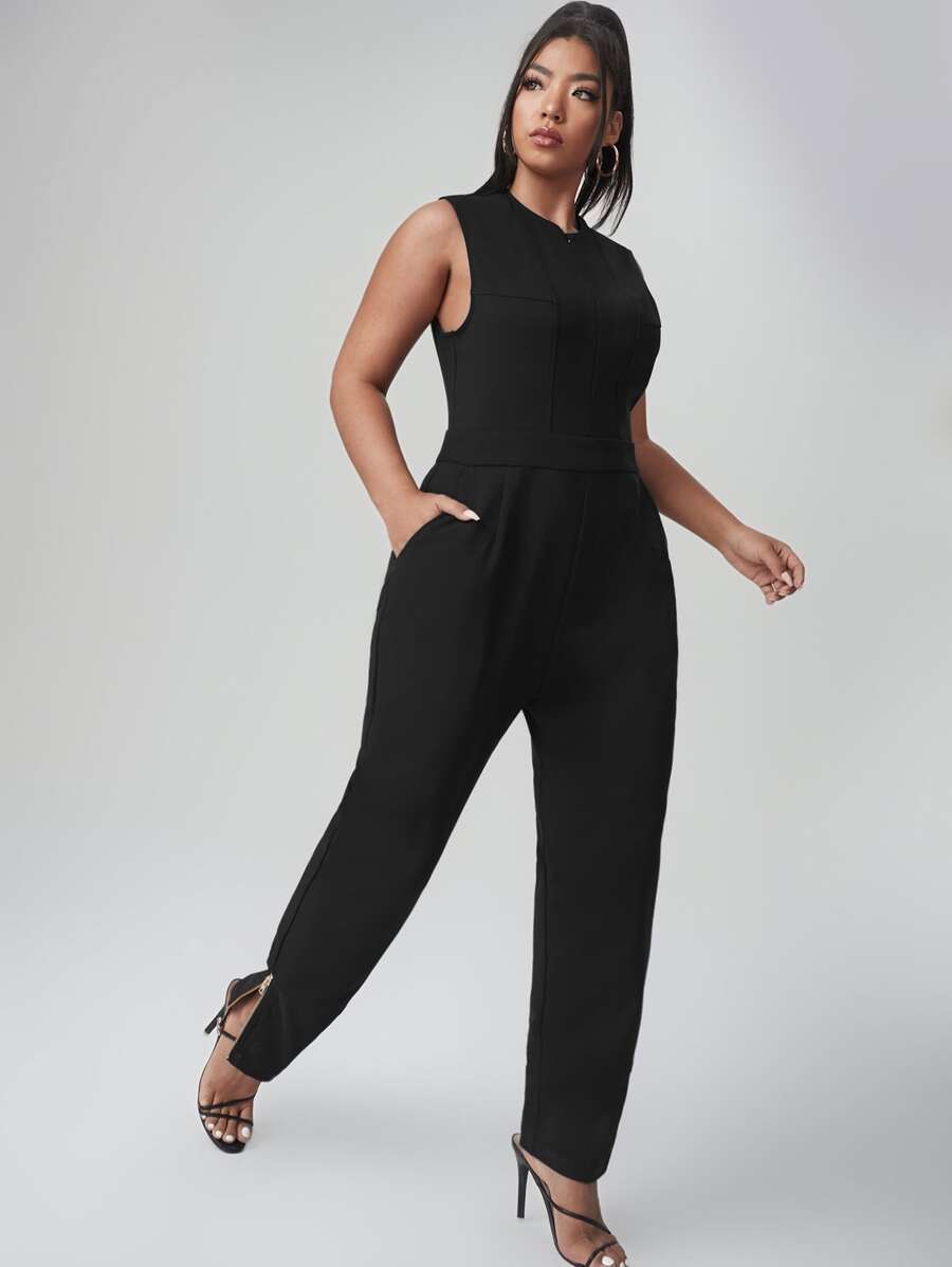 Sylvia Mollie Jumpsuits Plus Size Dây kéo màu trơn Giải trí - màu đen - Xem 1