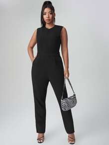 Sylvia Mollie Jumpsuits Plus Size Dây kéo màu trơn Giải trí - màu đen - Xem 3