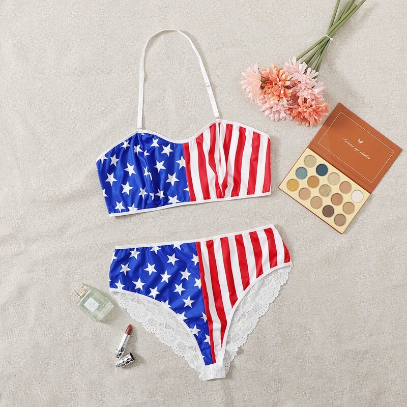 

Plus American Flag Print Contrast Lace Lingerie Set, Multicolor